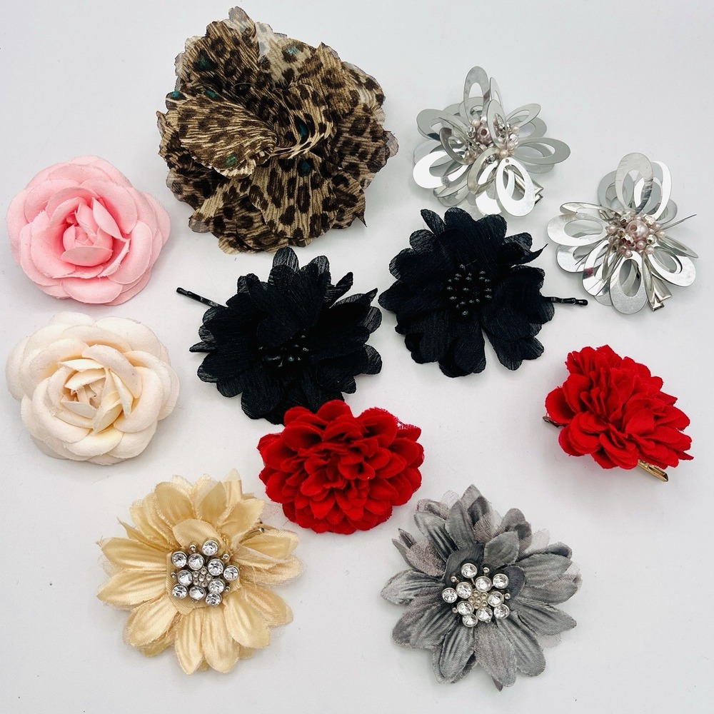 Satin Fabric Hair Clip Flower Floral Red‎ Pink Gray Beige Black Rhinestone Lot